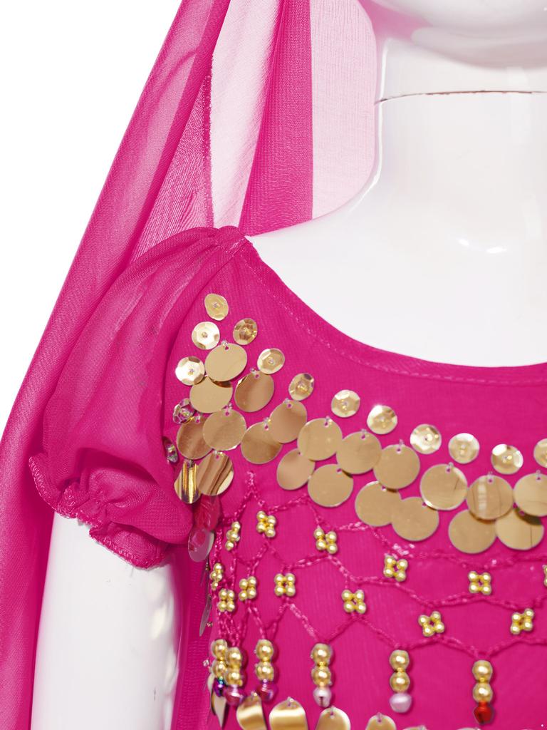 Костюм для танца живота для девочек, комплект из 4 предметов, укороченный топ со шнуровкой сзади, рукава-фонарики, брюки с оборками, шарф на бедрах и платок на голову