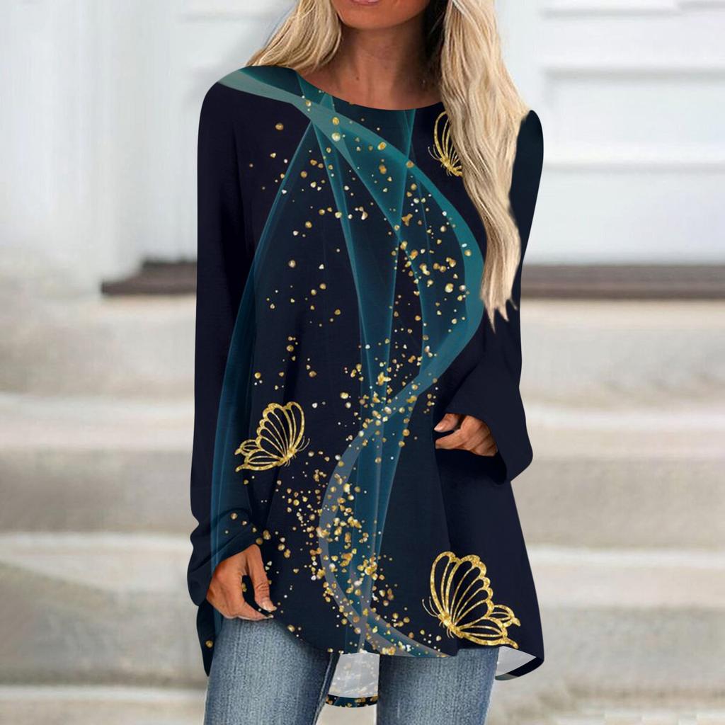 Women's Fashion Casual T-shirt Gradient Long Sleeve Round Neck Medium Long Top