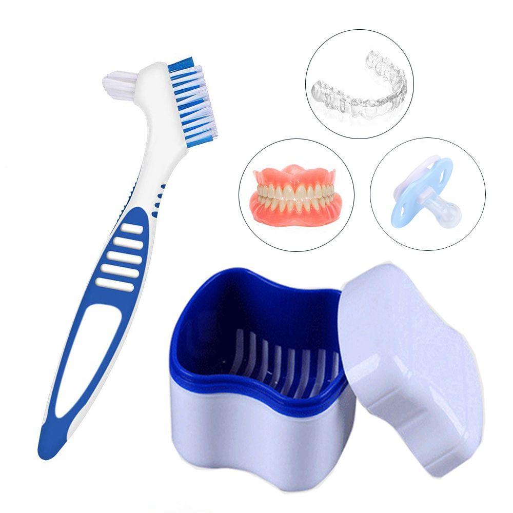 Box Cleaning Tool Denture Case Dentures Container with Basket Cleaner Brush Denture Box Bath