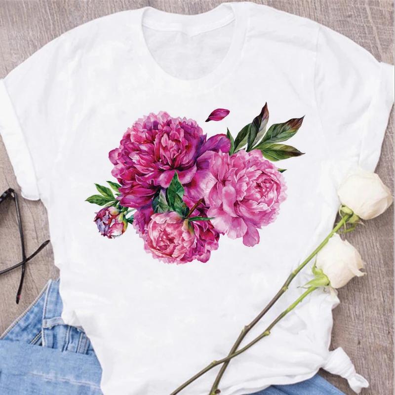Red Rose Print Women T Shirt Summershort Sleeved Round Neck Harajuku Korean Style Graphic Tops Kawaii Female T-shirt Tops