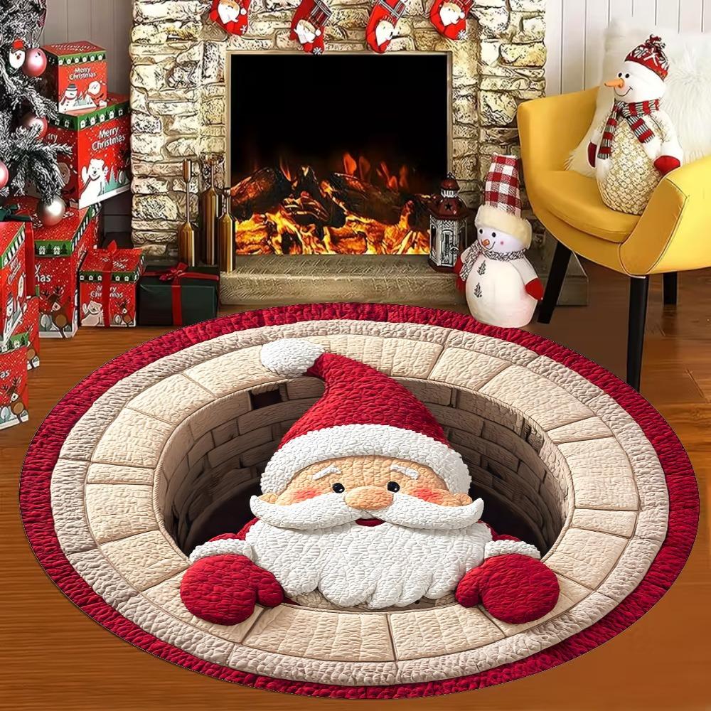 Santa Claus Round Carpet 3D Optical Illusion Pattern Floor Mat Christmas Holiday Decor Non-Slip Rug for Living Room Bedroom