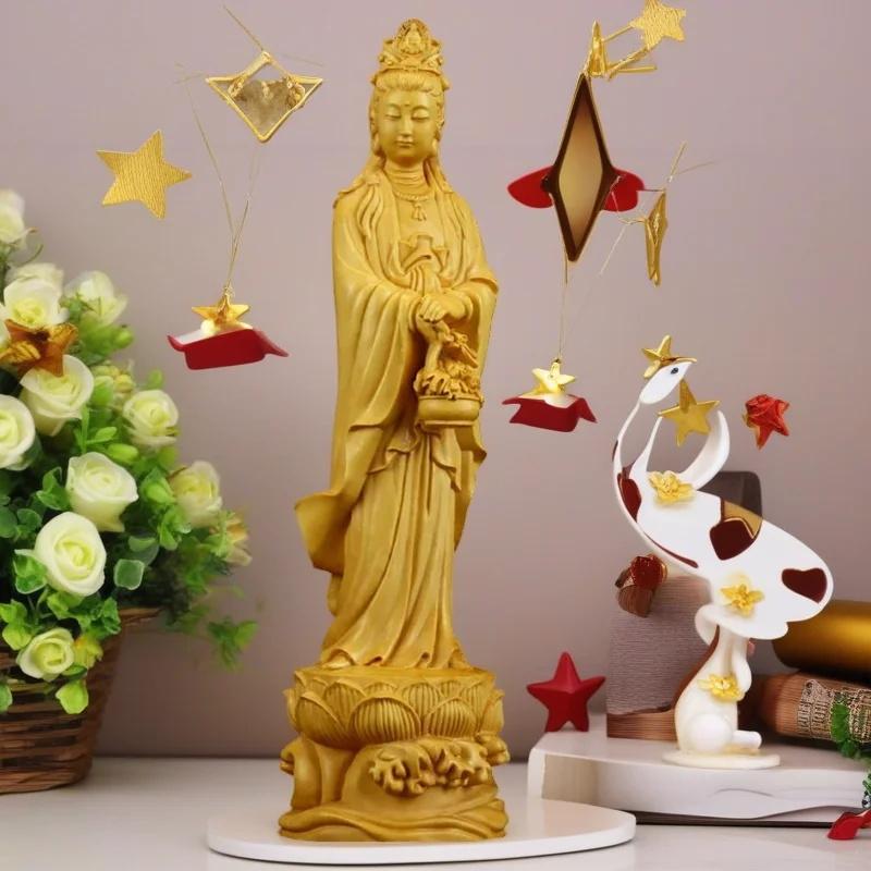 Wood Carving Guanyin Bodhisattva Sculptures and Figurines Home Room Office Wealth Luck Feng Shui Decor Buddha Wood