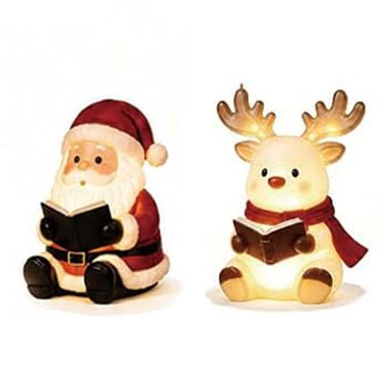 Indoor Holiday Ornaments Christmas Book Shelf Light, Iron Bookend Night Lamp with Santa Unique Office Desk Decor Reindeer Snowman, Warm Glow Tabletop