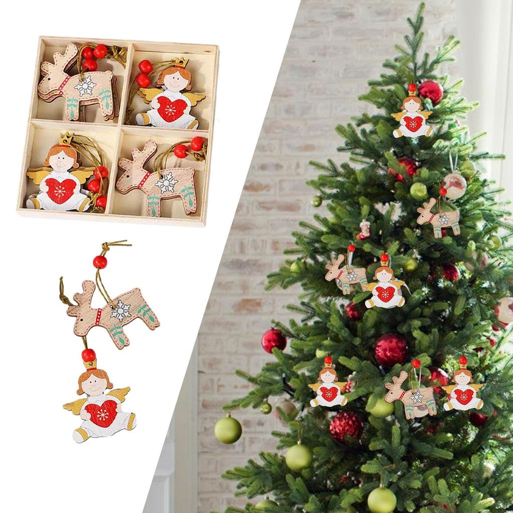 12 X Christmas Hanging Decorations Tree Pendants with Hole And Rope Wooden Cutouts for