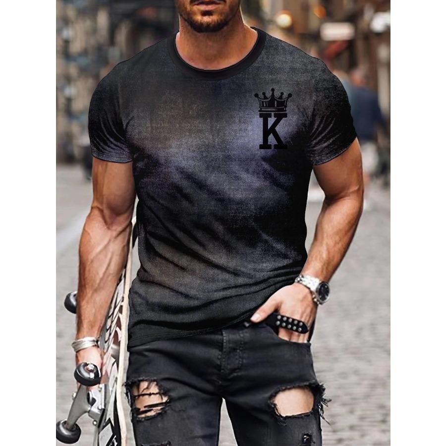 Men's Casual Short Sleeved T-shirt with Round Neck KING Pattern Printed Top T-shirt for Men's Street Wear