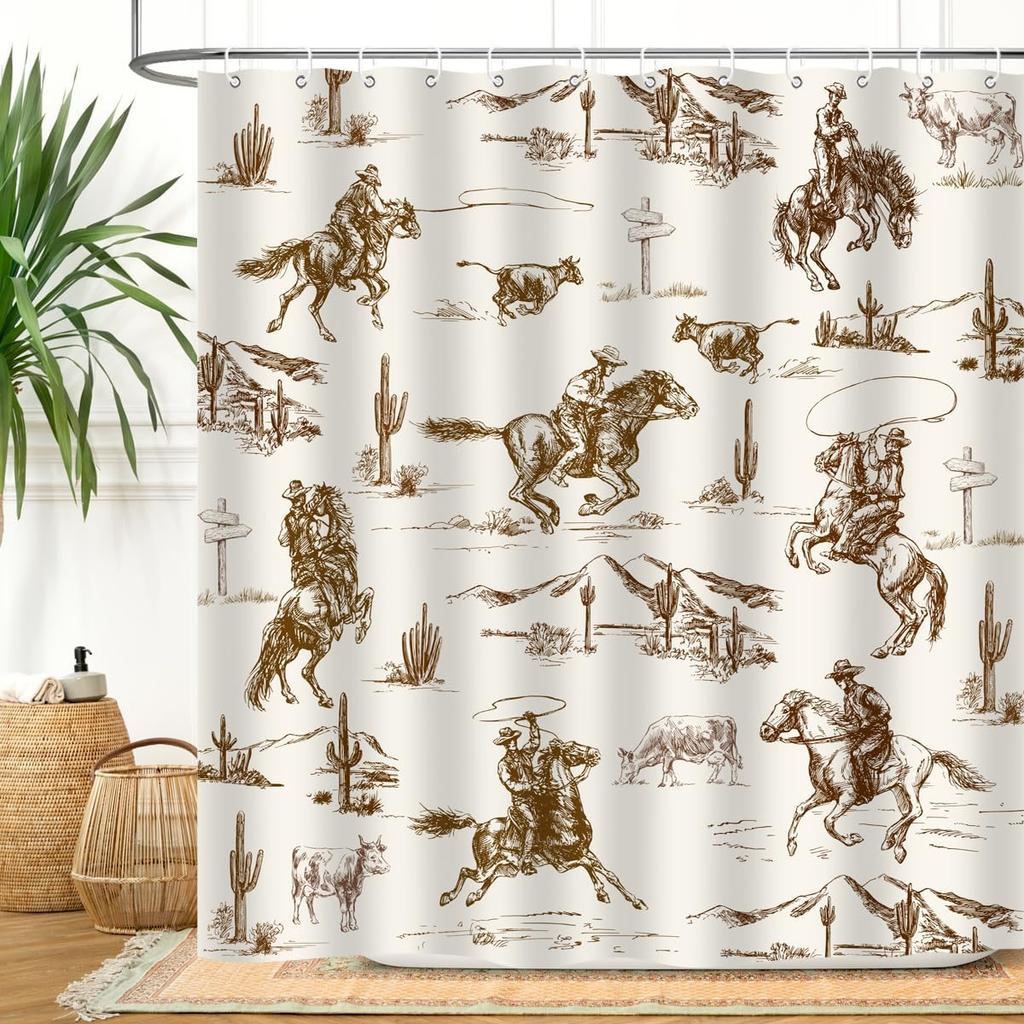 Western Aztec Shower Curtain Vintage Boho Head Geometric Rustic Native American Tribal Abstract Beige Bathroom Decor Polyester