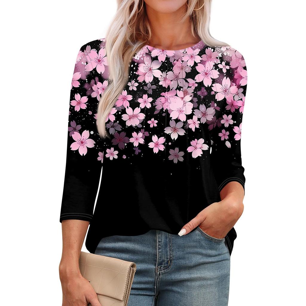 Женская модная повседневная футболка с круглым вырезом и рукавом семь четвертей в стиле ретро с принтом, плиссированная футболка