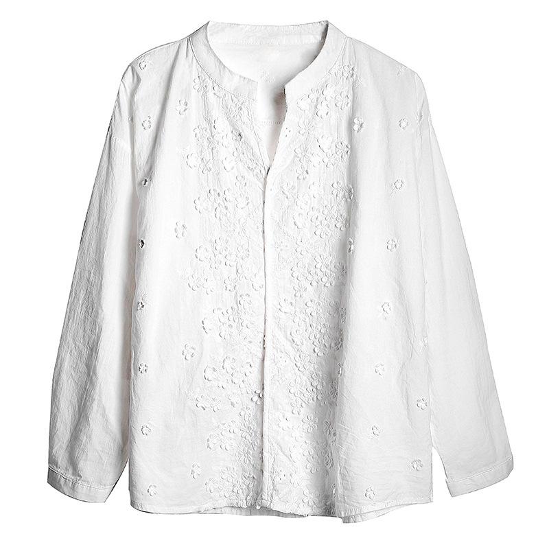 Spring Autumn White Blouse Women's V-neck 3d Embroidery Jacquard Lace Bubble Long Sleeves Basic Shirt