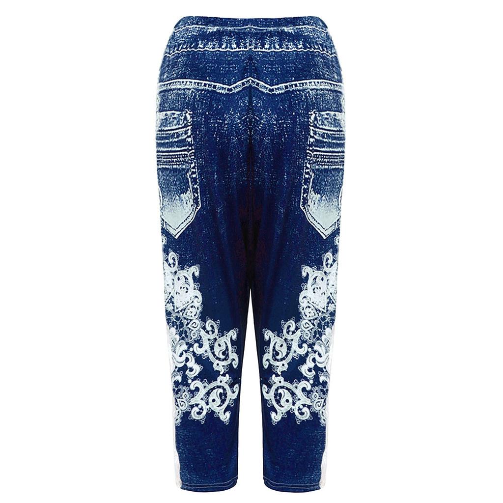 Fashion Women Plus Size Lace Printing Splice Elastic Waist Casual Leggings Pants