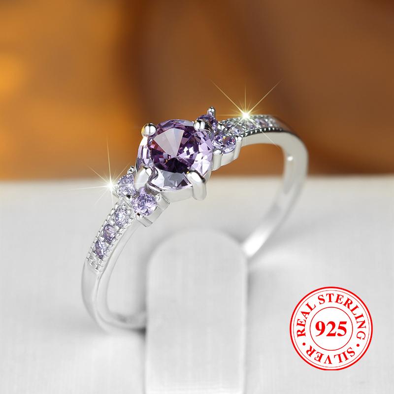 Cute Purple Cubic Zirconia Ring Wedding Accessories 925 Sterling Silver Promise Ring Women's Anniversary Gift Charm Jewelry