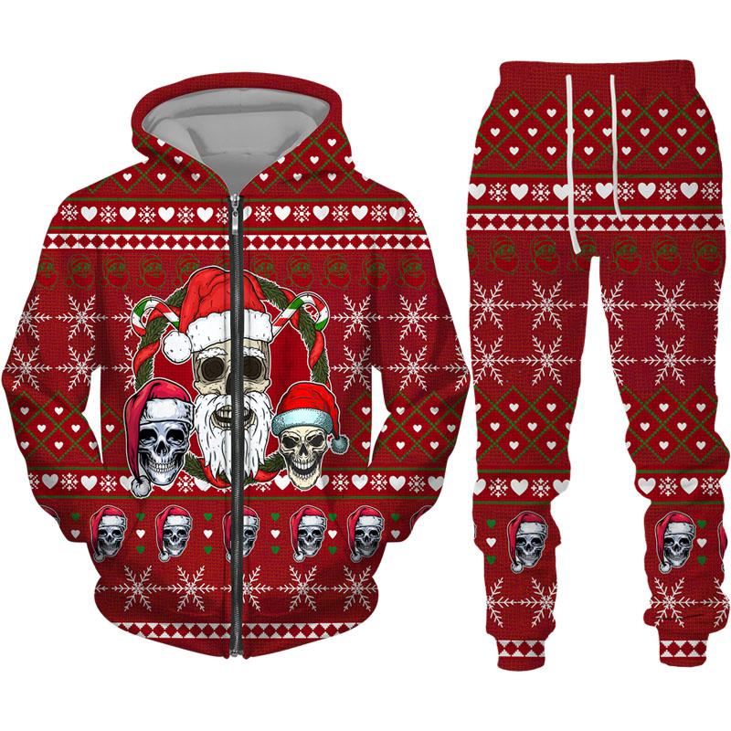 Модные рождественские мужские толстовки с принтом черепа на молнии/брюки/комплект, тонкая куртка с капюшоном с узором, костюм для пары, уличная одежда