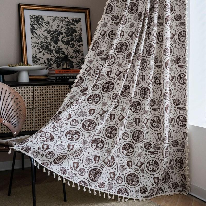 Хлопково-конопляные шторы в американском стиле Ретро-принт Шторы с кисточками Гостиная Кухня Спальня Шторы для окон-купе Полузатемняющие