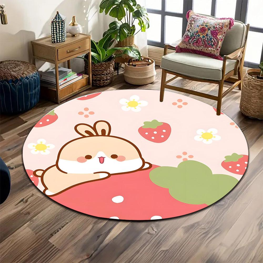 Cute Bunny with Strawberries Pattern Print round rug, living room, bedroom, playroom carpet, non slip floor mat, gift