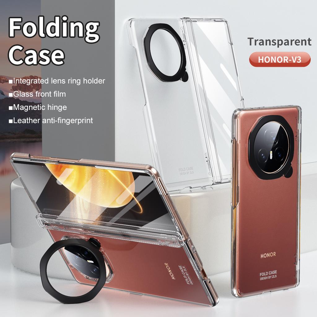 Luxury Business Frosted Plating Hinge Folding Holder Case for Honor Magic V3 Black Gray Ring Bracket and HD Glass Film Front Shockproof Protect Cover