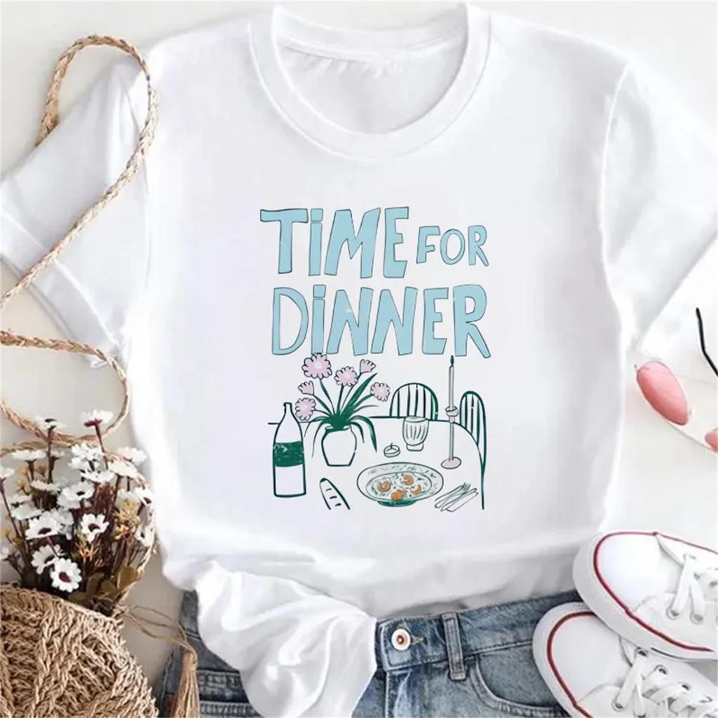 Dinner Time Pattern Regular T-Shirt Summer Casual Cartoon Fun Simple Short Sleeved Women's Style T-Shirt Vacation Travel New Top
