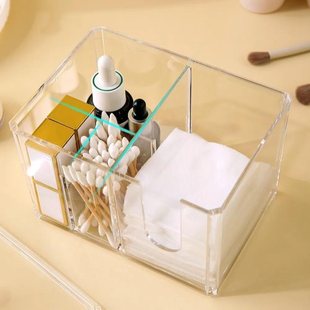 Clear Makeup Divided Box Acrylic Cosmetic Stand Tampon Organizer Dispenser  Bathroom