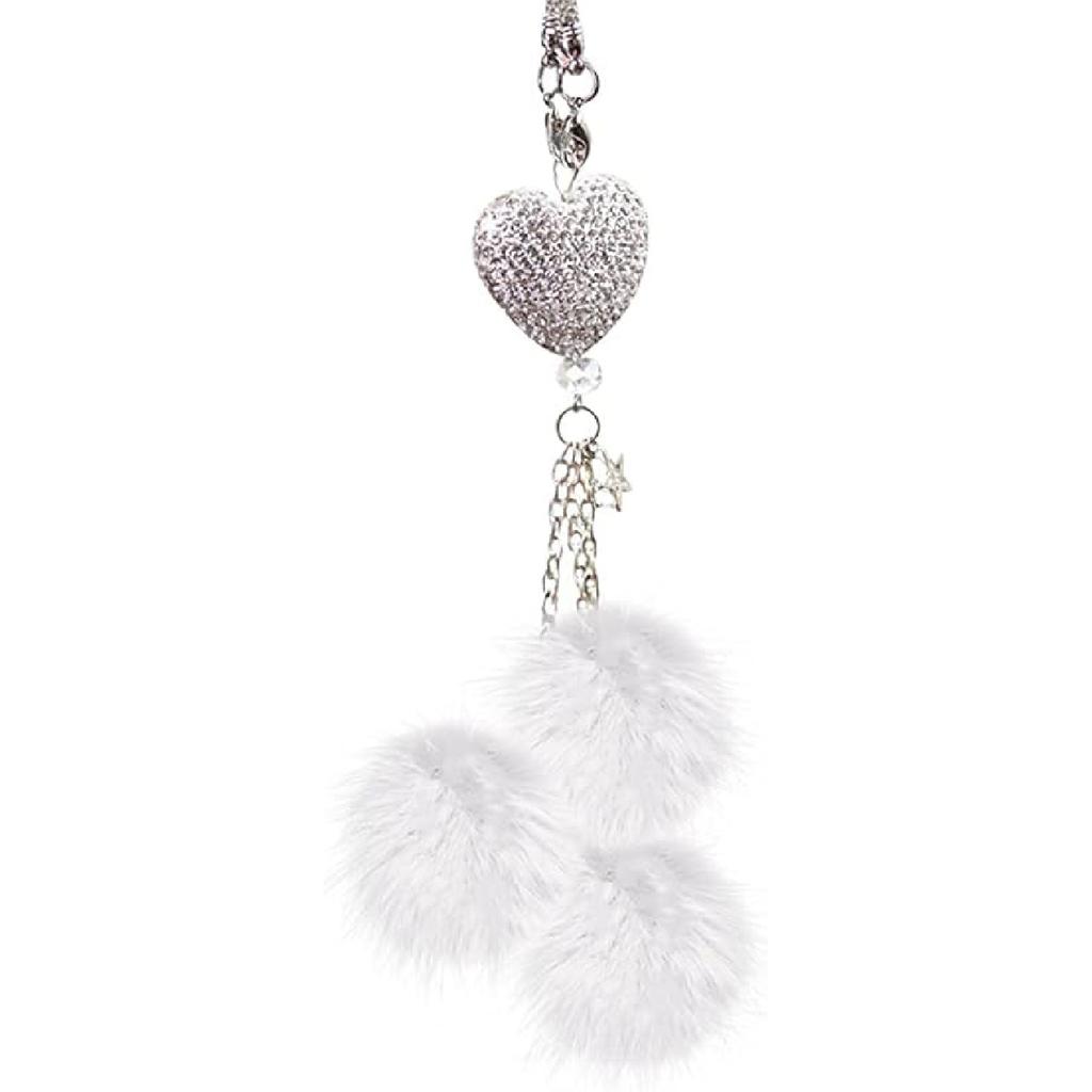 Bling Heart Rhinestones Diamond Car Accessories, Cute Love Heart Plush Ball Car Mirror Hanging Accessories Lucky Rearview Mirror Charms Decorations
