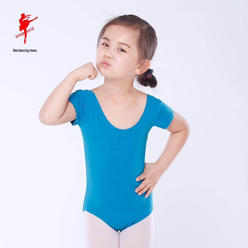 Red Children's Ballet Bodysuit - Short-Sleeve Cotton Leotard for Girls, Practice and Dancewear Style 5007