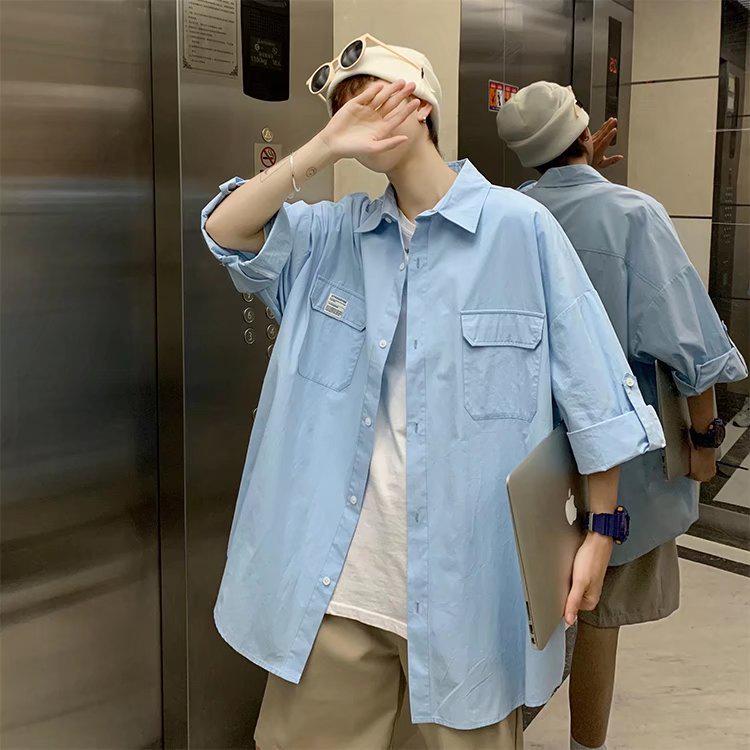 Мужская модная корейская летняя однотонная повседневная рубашка с рукавом три четверти