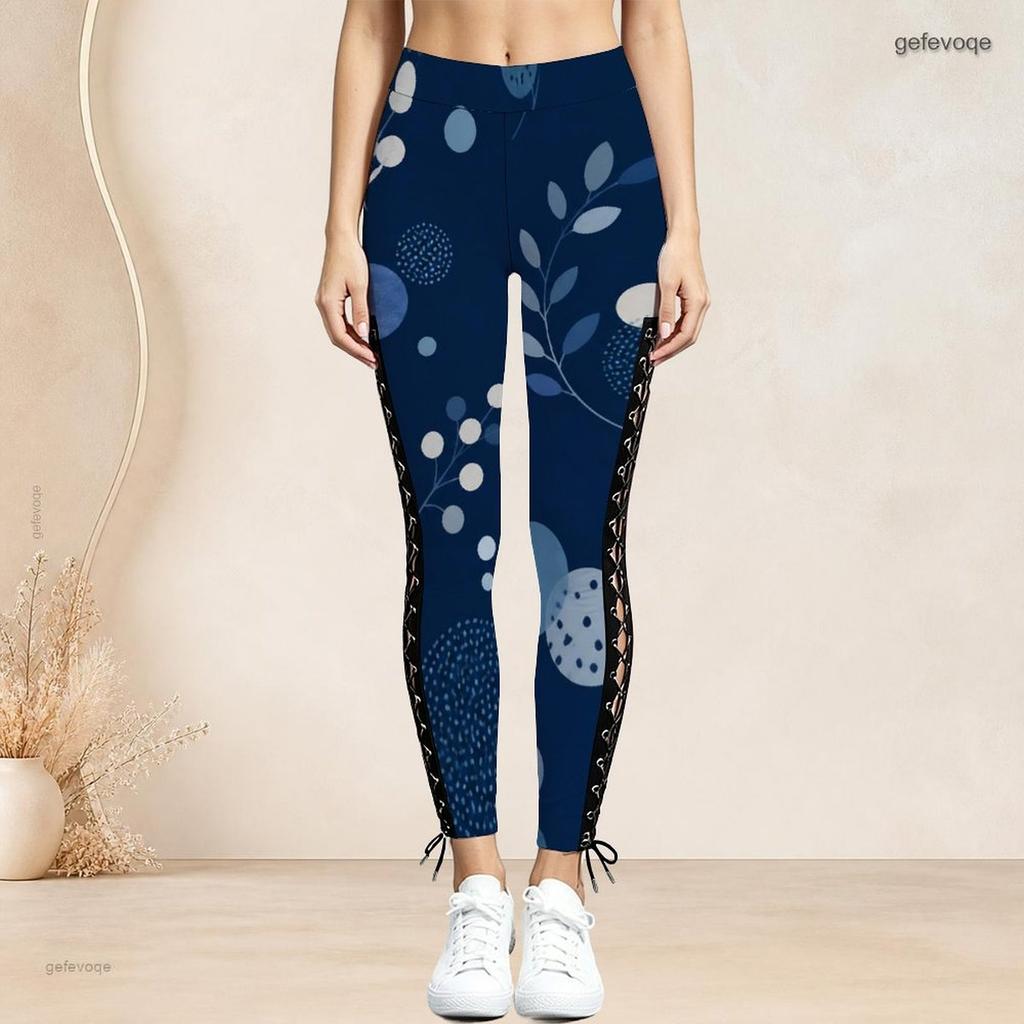 Women Plus Size High Waist Abstract Printed Side Eyelet Lace Up Full Length Leggings