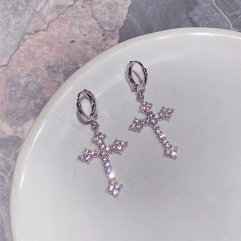 JWER Vintage Shine Crystal Zircon Cross Drop Earring For Women Girl Fashion Rhinestone Sword Earrings Punk Female Party Jewelry