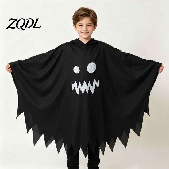 Comfortable Kindergarten Performance Clothes Hooded Ghost Costume, White/Black Cape Costume for Kids Adults, Spooky Lightweight Breathable Halloween