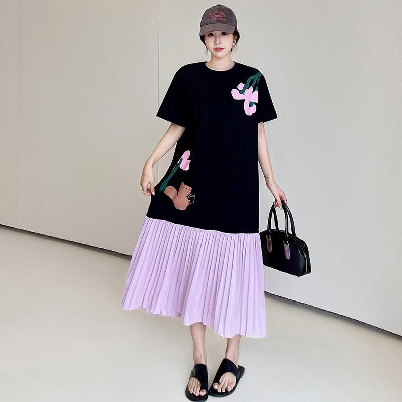 Korean Fashion Plus Size Summer Women Feminine Dress Brief O Neck Contrast Color Print Dress Short Sleeve Pleated Midi Oversized Dress