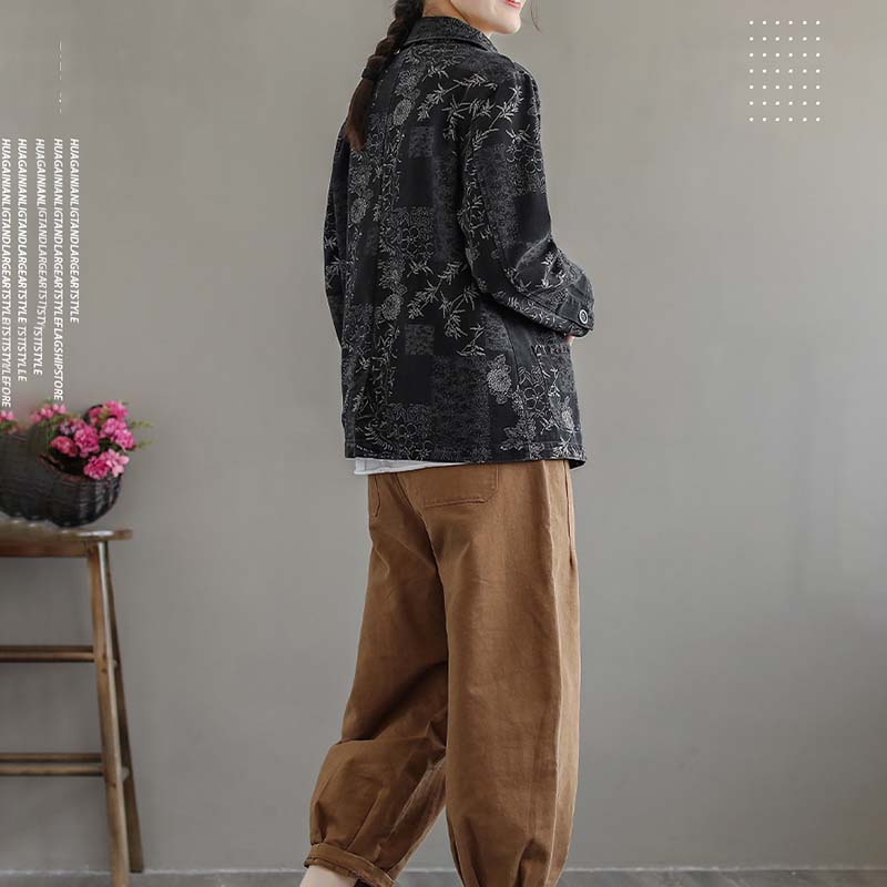 Ретро-принтованный пиджак, женская тонкая короткая куртка с длинными рукавами, хлопковое повседневное свободное пальто, весна-осень, корейская версия в стиле Харадзюку