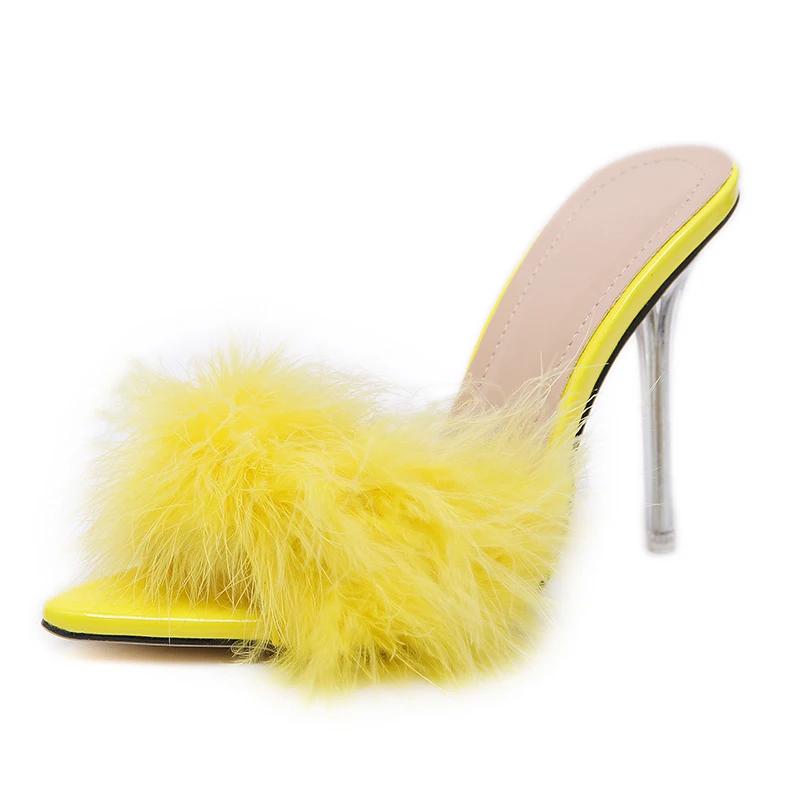 Maogu Stiletto Peep Toe Mules Lady Slides Shoes Transparent Cabolt Summer Sexy Feather Woman Slippers Perspex High Heels Zapatos