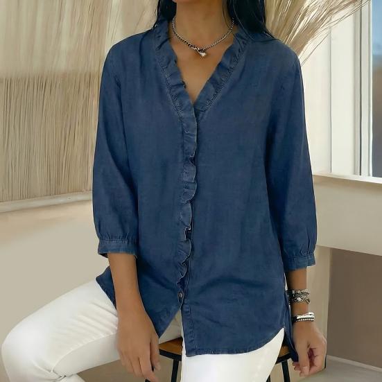 Женские Топы с V-образным вырезом, 3/4 Рукава, с Отделкой Воланами, Свободного Кроя, Однотонные, Повседневные, Рубашки под Джинсу, Для Повседневной Носки