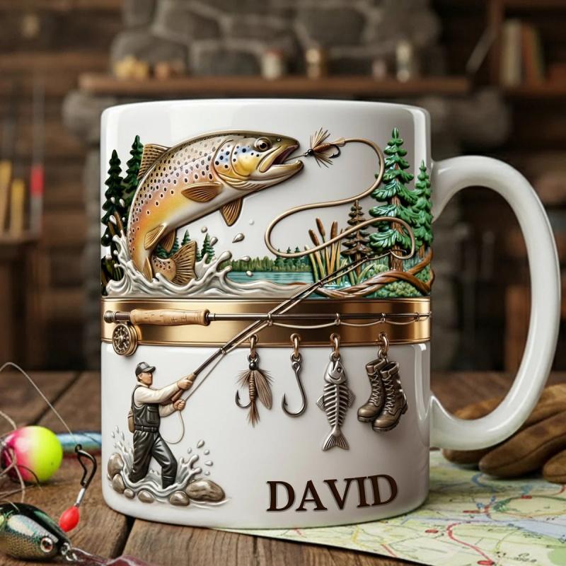 2D print Fishing Lover Gift Mug-Personalized Fishing Cup for Angler,Custom Name Fish Design Ceramic Coffee Mug Birthday Present