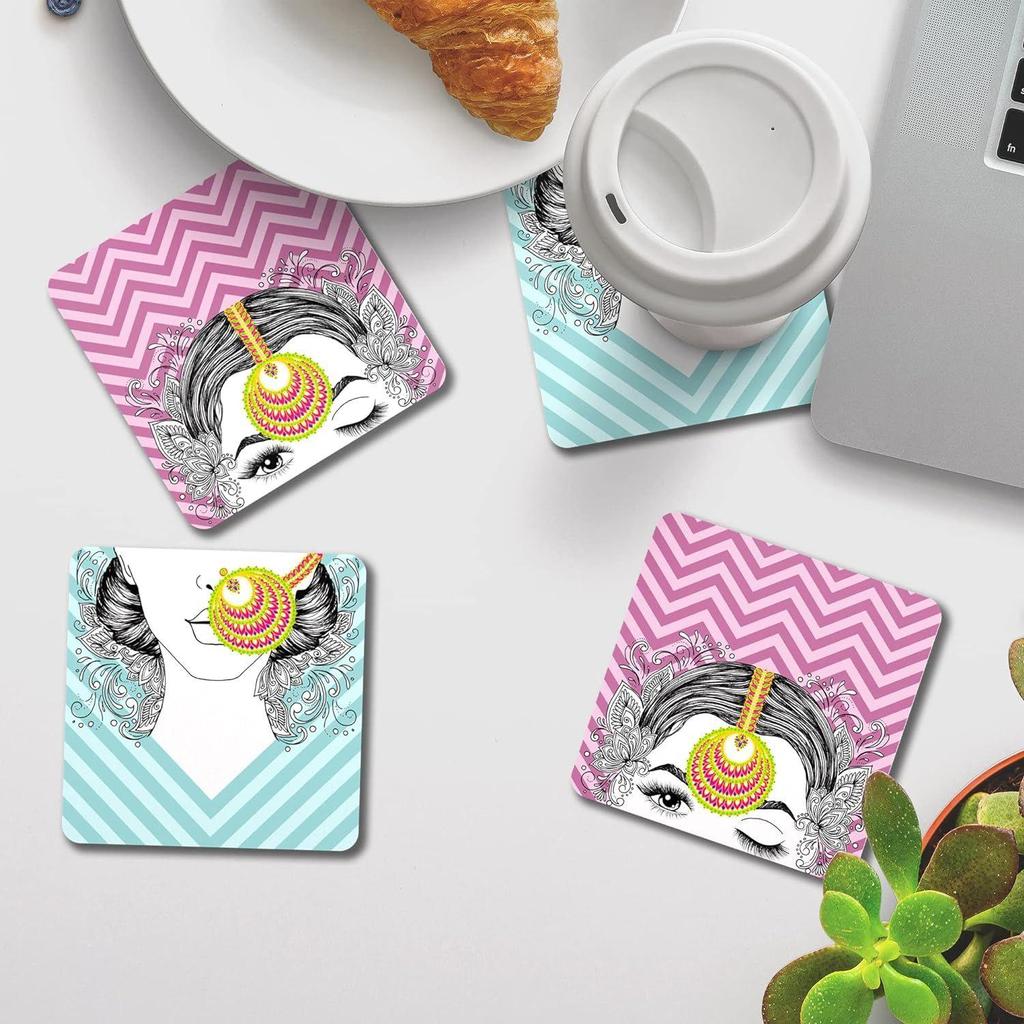 Набор из 4 подставок The Indian Nari диаметром 4 дюйма с уникальным дизайном ручной работы квадратной формы с футляром 10x10 см