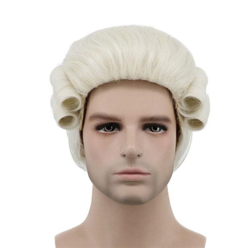 Grey White Black Lawyer Judge Baroque Curly Male Costume Wigs Deluxe Historical Long Synthetic Cosplay Wig for Halloween