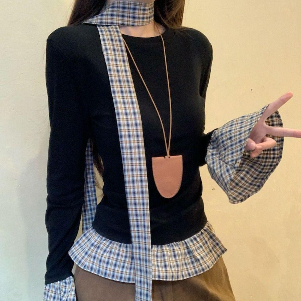 Майки Футболка с имитацией двойки Клетчатая с оборками Приталенный топ Мягкий топ с длинным рукавом Женский