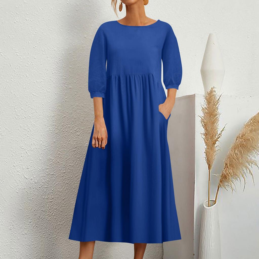 Женское модное однотонное свободное хлопково-льняное длинное платье с карманами и средними рукавами