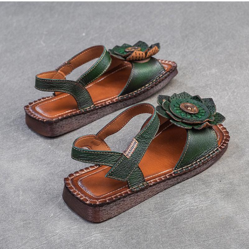 Johnature Сандалии на плоской подошве из натуральной кожи с цветочным принтом в стиле ретро, ​​удобная женская обувь с квадратным носком на мягкой подошве в этническом стиле