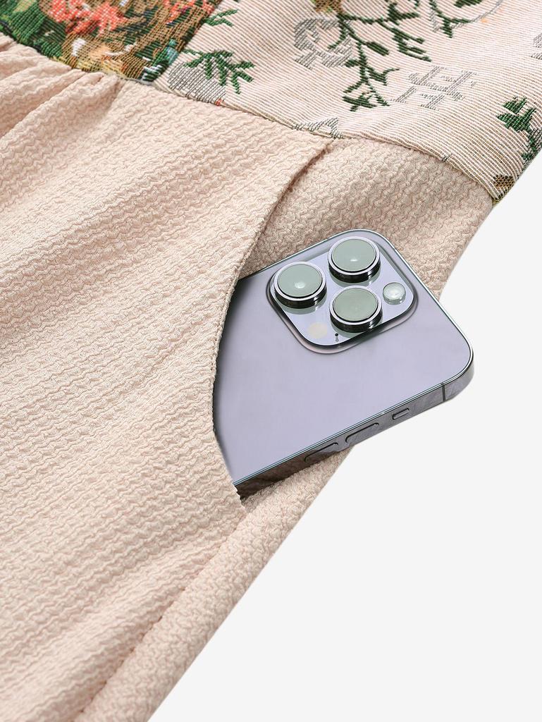 Rosegal Плюс Размер Шнуровка Вставки Роза Вышивка Цветок Плиссированное Винтажное Платье Рукав Поэт