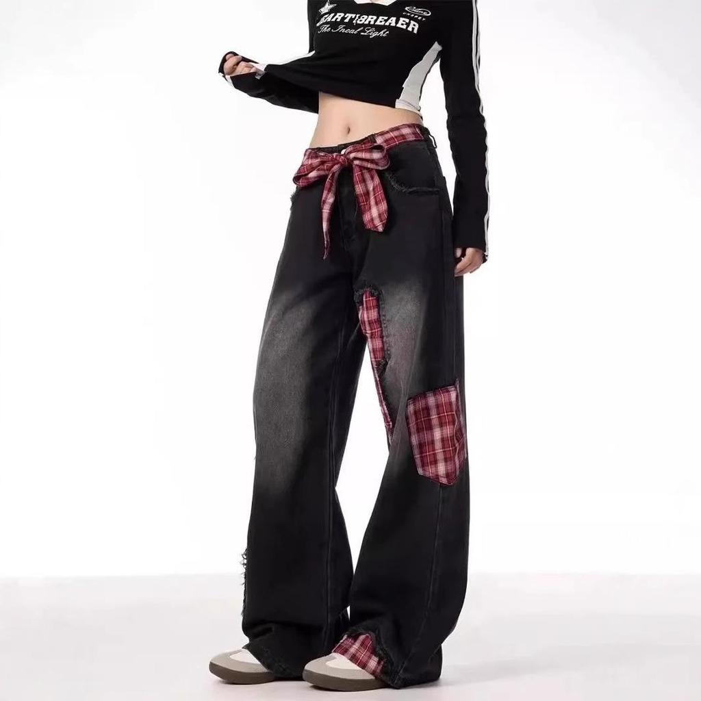 Женские джинсы с высокой посадкой и широкими штанинами в красную клетку - Пэчворк, свободного кроя и длиной до пола