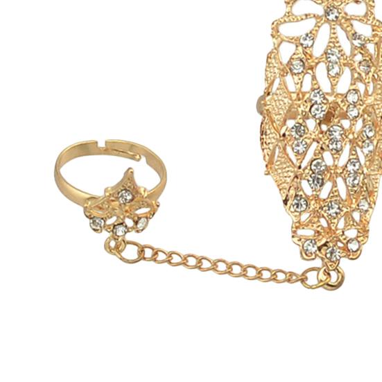 Открывающееся кольцо со стразами, из сплава, золотистого цвета, с ажурным листом, двойное кольцо-цепочка на два пальца для свиданий