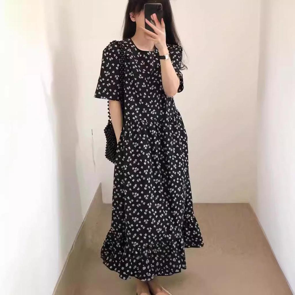 Women's Retro Floral Loose Slimming Black Crew Neck Short Sleeve Long Dress