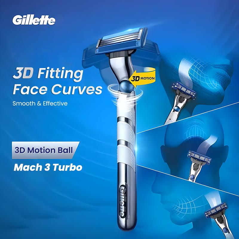 Gillette Mach 3 Turbo Razor 1 Handle 2 Blades Men's Shaving Razor with Floating Razor Head Shaver