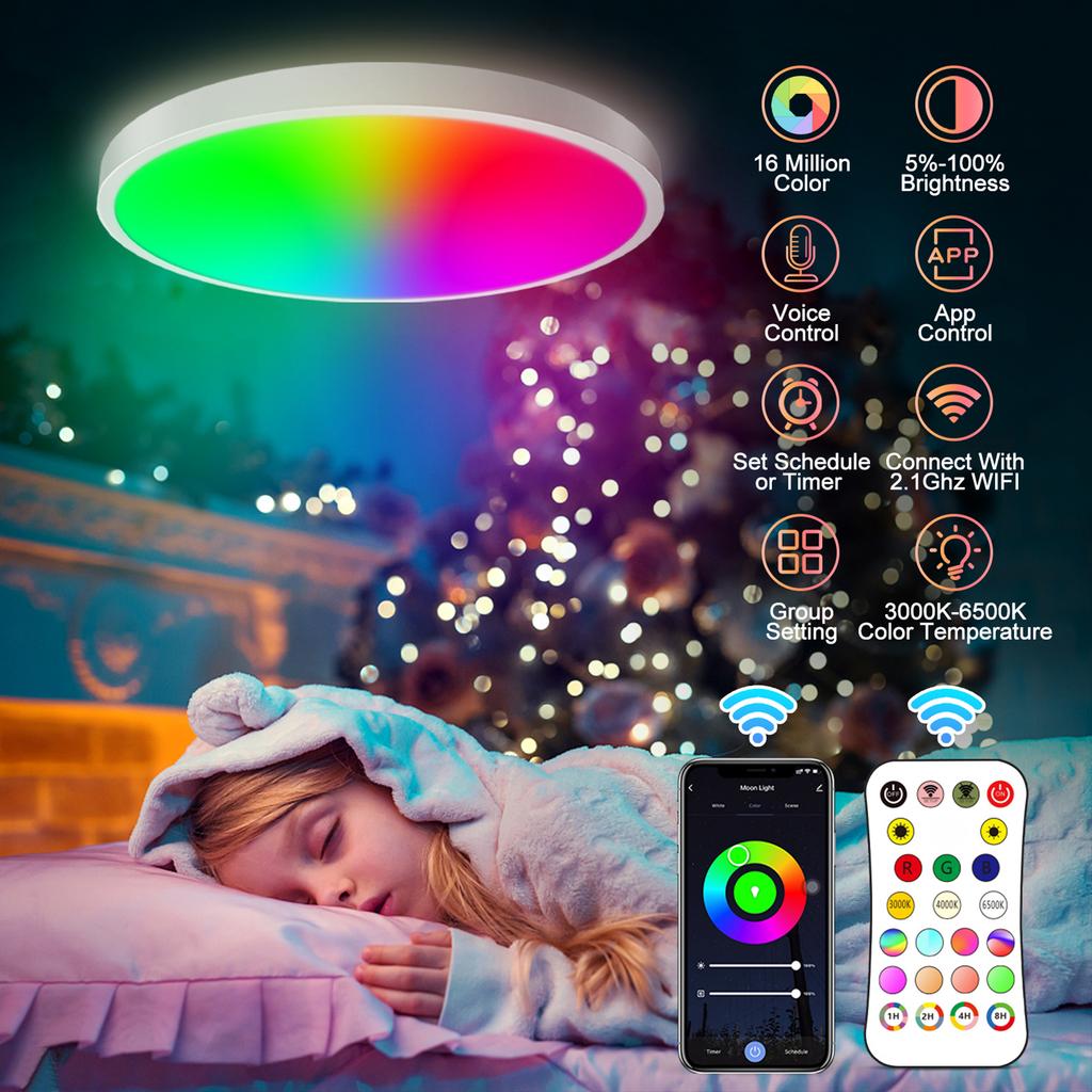 A C110-120V 24W Intelliegnt 84LEDs Ceiling Light BT/ Wirelessly Connected Mode Tuya Phone App &