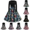 Women's Fashion Round Casual Slim Fit Christmas Print Large Swing Long Sleeve Dress
