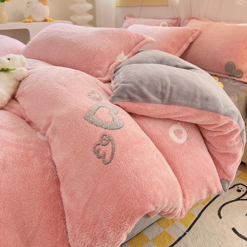 Snowflake Fleece Four-Piece Set, Thickened Milk Coral Fleece Quilt Cover, Double-Sided Fleece Quilt Cover, Bed Sheet, Bed Hat Three-Piece Set