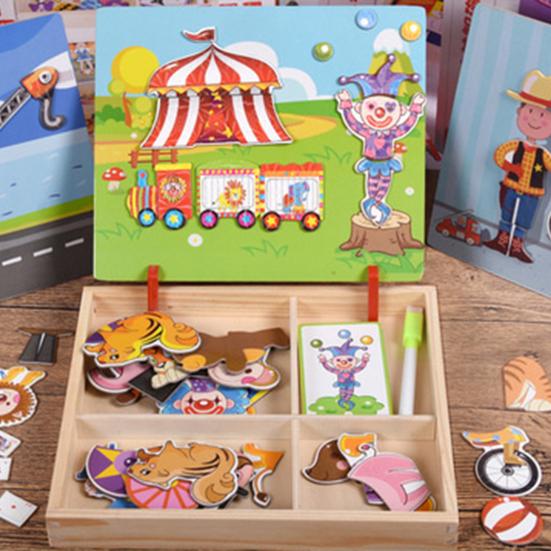 Magnetic Block Puzzle Board Game Educational Logic Thinking Training Facial Feature Vehicle Circus Attire Princess Dressing Wooden Puzzle Matching Toy