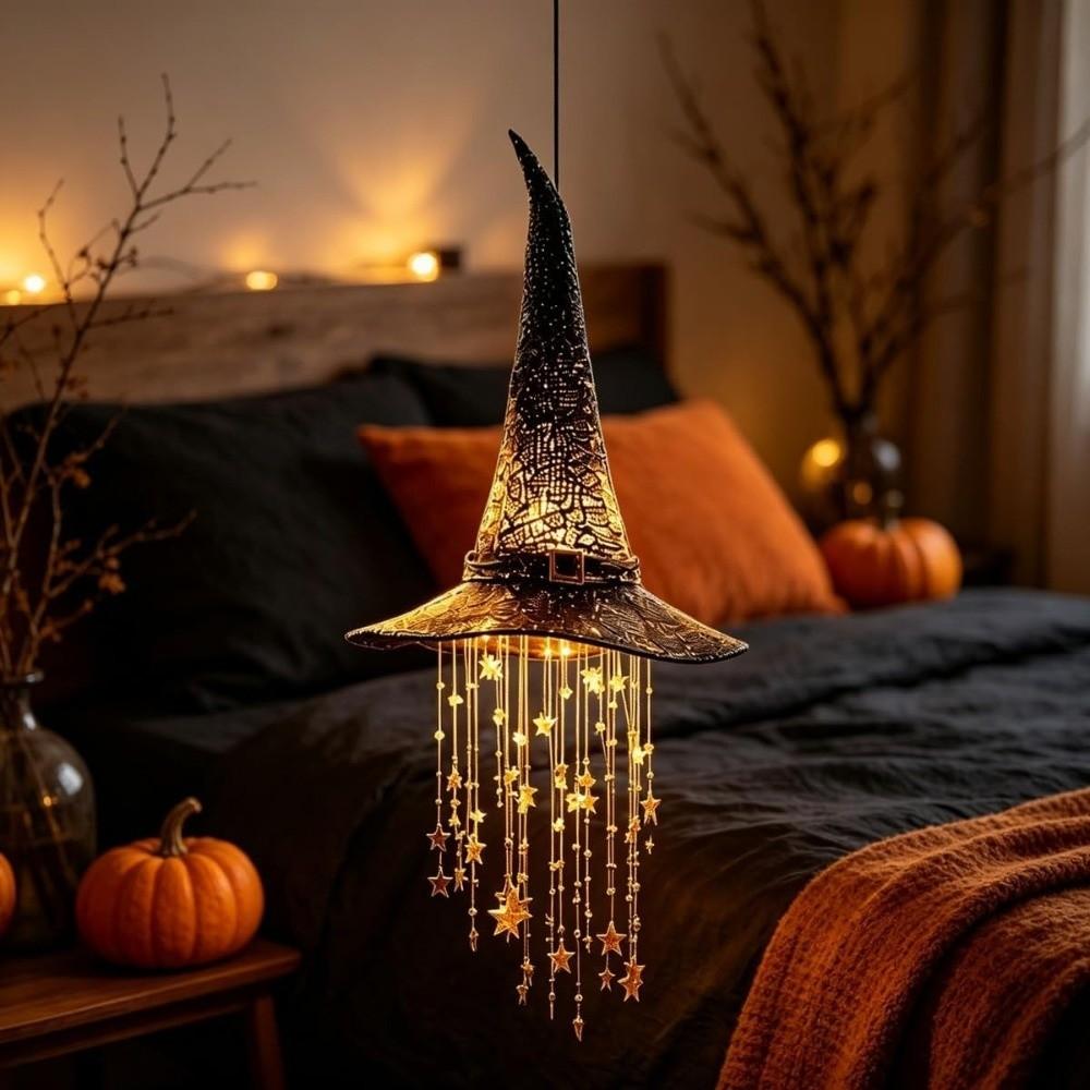 Glowing LED Light‑Up Witch Hat Ornament with Star Tassels Halloween Witch Hat Decor Porch