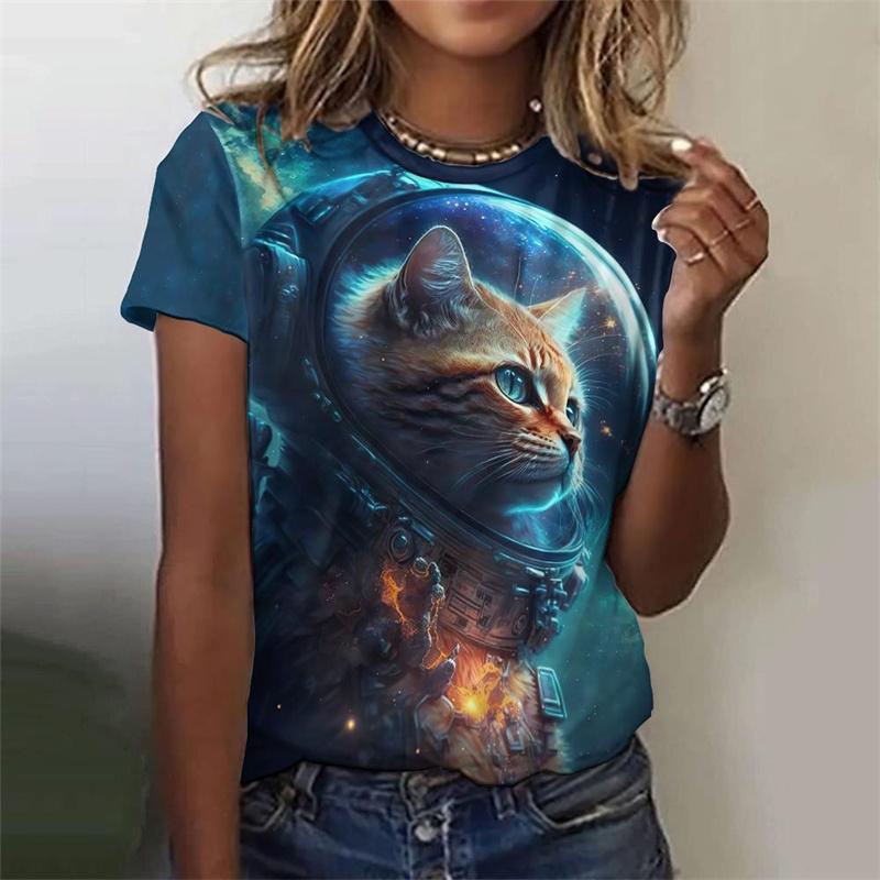 Футболка с рисунком астронавта и кота для женщин, крутые 3D-принты с короткими рукавами в стиле Харадзюку, летние свободные футболки с круглым вырезом, футболки