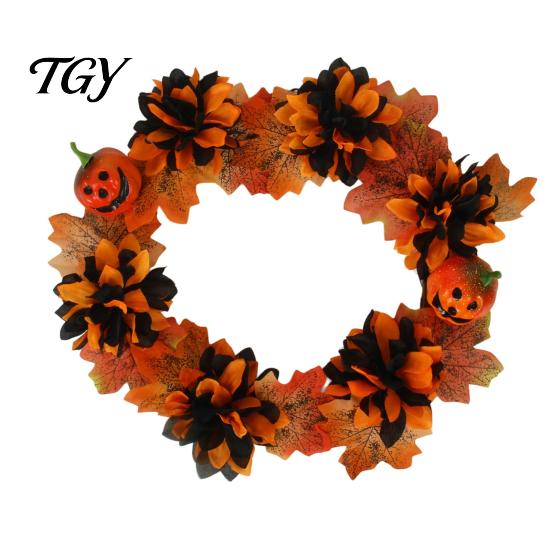 Gothic Skull Ornament Halloween Wreath for Front Door, Artificial Fall Maple Leaf Rose Pumpkin Vintage Dark Aesthetic Party Supplies Wreath,