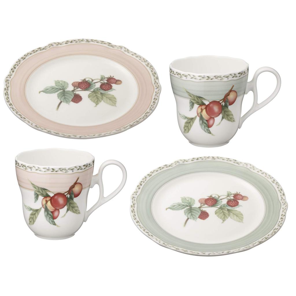 Noritake Кружка и тарелка (Парный набор) - Тарелка 19 см и кружка 375 мл, дизайн «Фруктовый сад», две кружки и две тарелки, тонкий фарфор (Белый с оттенком), M9719/4911-12