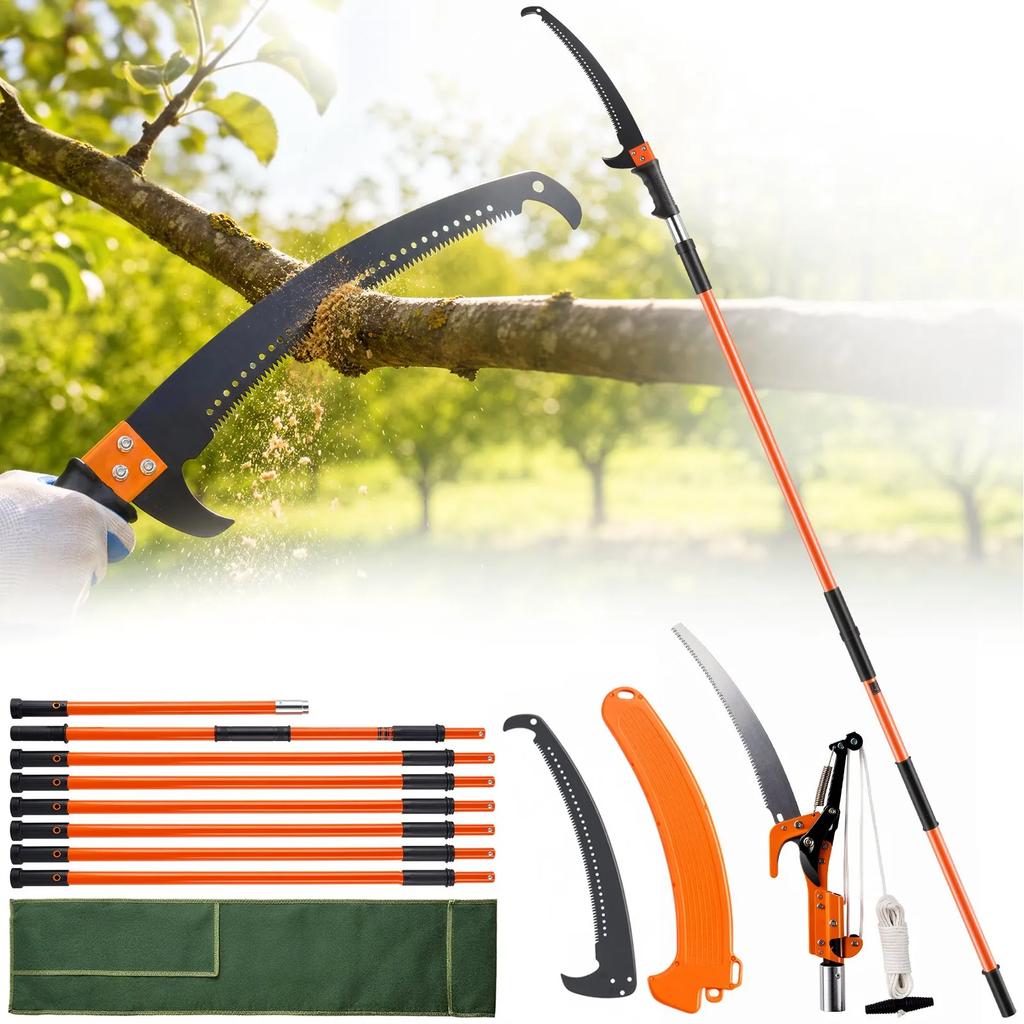 VEVOR Manual Pole Saw, 2.2-8.2 m Extendable Tree Pruner, Sharp Steel Blade and Scissors High Branches Trimming